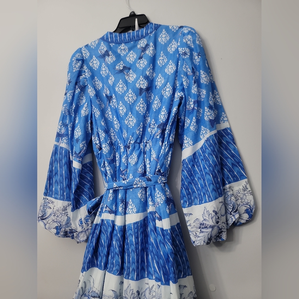 A Loves A Border Print Mandarin Collar Long Balloon Sleeve A-Line Maxi Dress - Picture 3 of 9